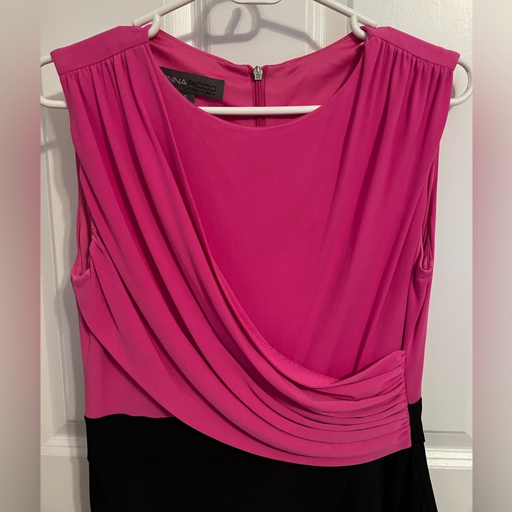Donna Ricco Sleeveless Midi Wrap Ruched Party Sheath Modest Dress Pink/Black sz6 - Picture 4 of 10